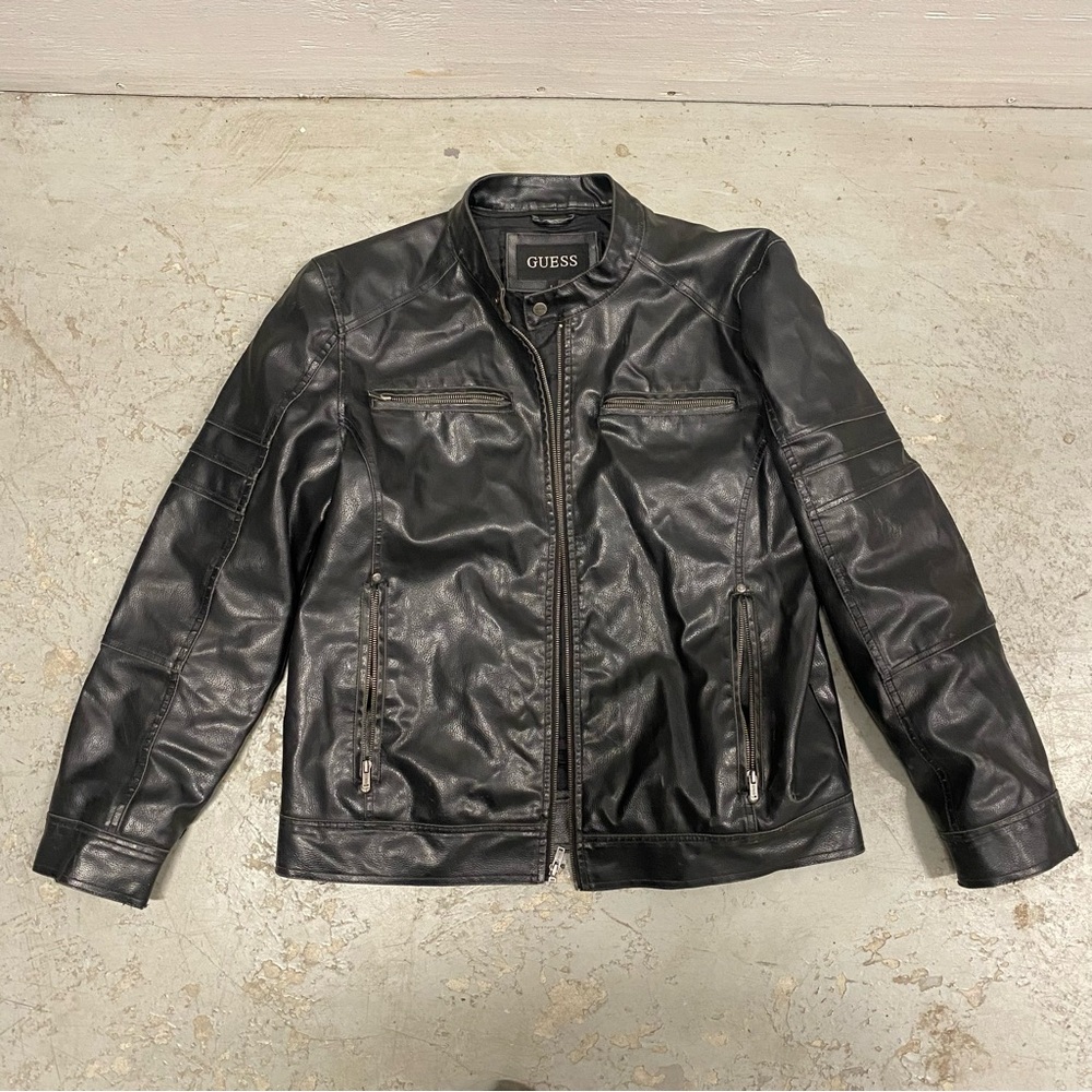 Black Vintage 90’s GUESS Faux Leather Banded Neck Jacket Size Men’s Large